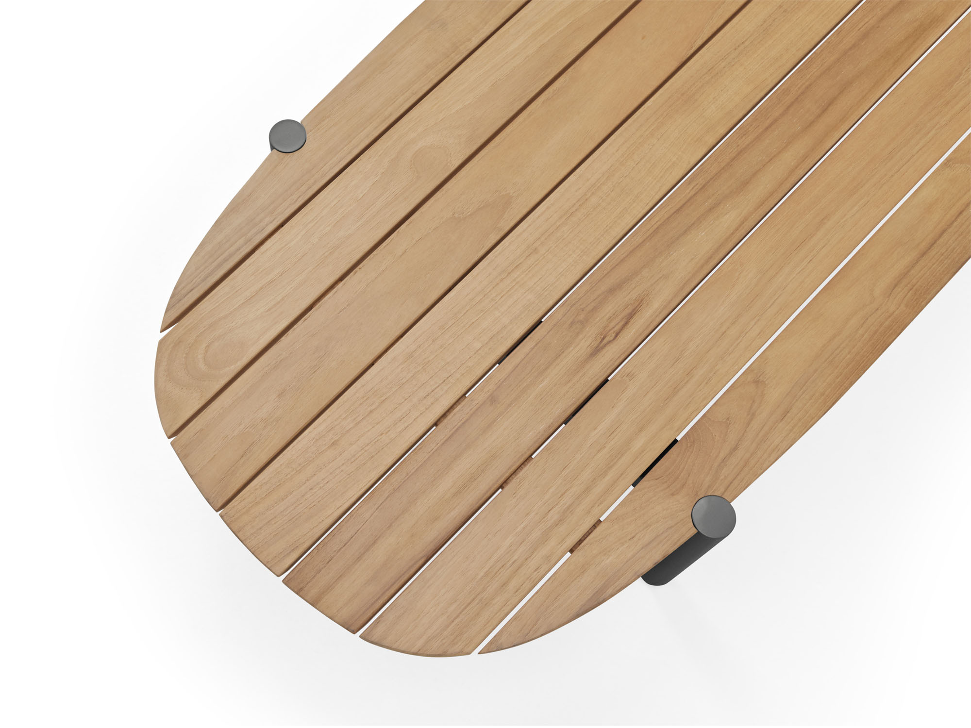 Overhead detail view of oval wood outdoor coffee table with black legs